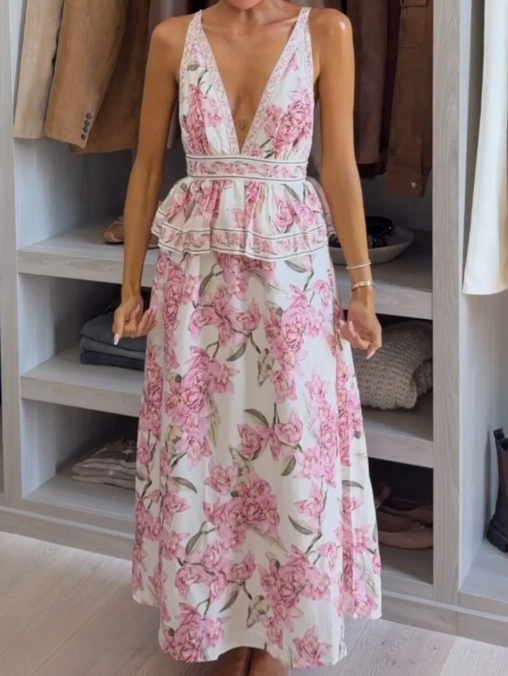 H&M FLORAL LINEN-BLEND PEPLUM DRESS SIZE M